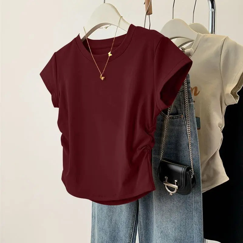 Women Summer Short Sleeved Top for Fashion Versatile Base Shirt Slim Fit Round Neck T-shirt Casual and Sexy Breathable and Cool