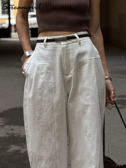 White Cotton Linen Pants Women Wide Leg Formal Trousers Summer Straight Leg Suit Pants High Waist Ladies Formal Pants Loose