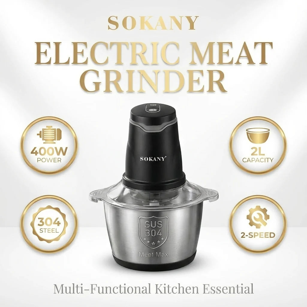 SOKANY7020  400W Electric Meat Grinder 2L 304 Stainless Steel Food Chopper 2‑Speed 4‑Blade Food Processor for Kitchen
