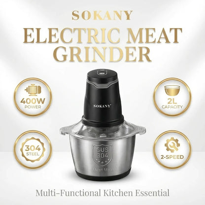 SOKANY7020  400W Electric Meat Grinder 2L 304 Stainless Steel Food Chopper 2‑Speed 4‑Blade Food Processor for Kitchen