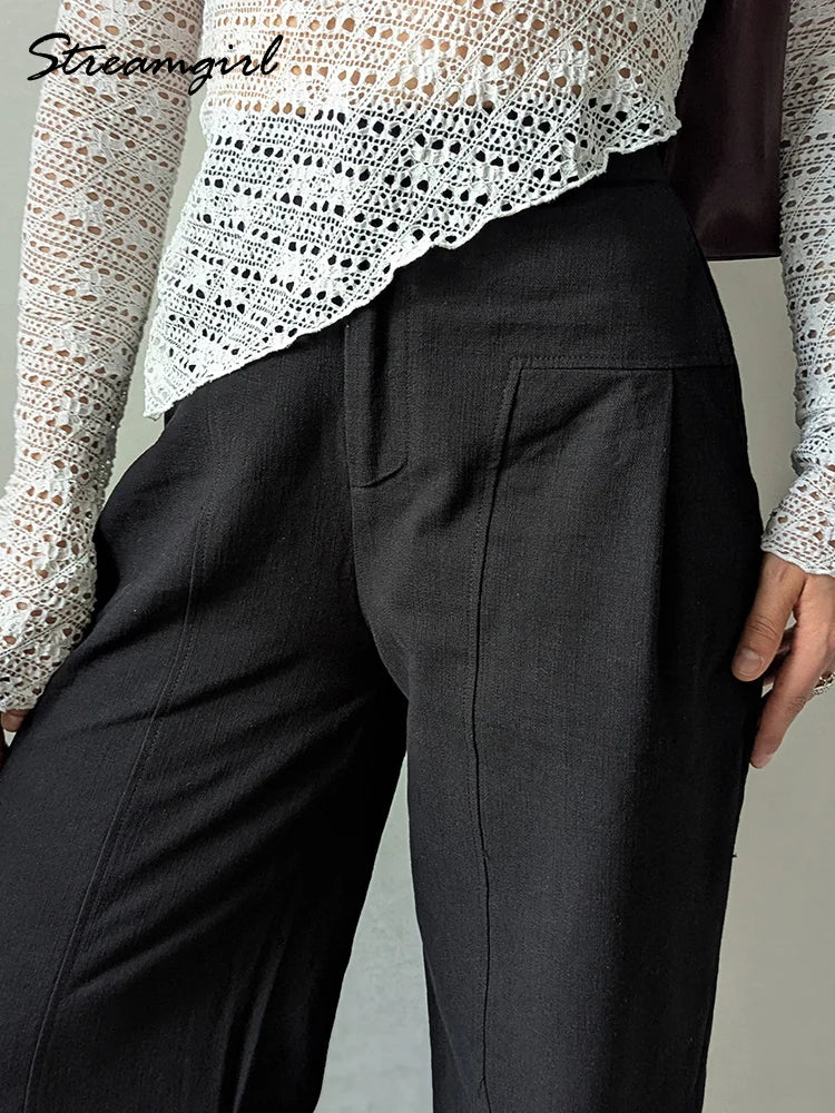 White Cotton Linen Pants Women Wide Leg Formal Trousers Summer Straight Leg Suit Pants High Waist Ladies Formal Pants Loose