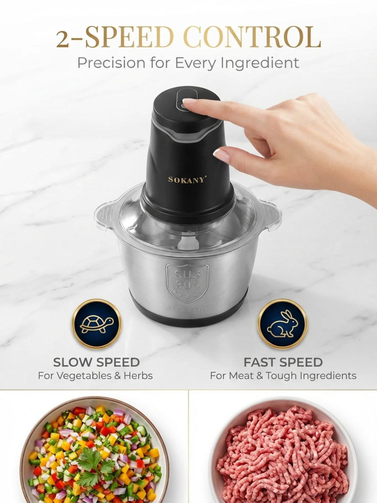 SOKANY7020  400W Electric Meat Grinder 2L 304 Stainless Steel Food Chopper 2‑Speed 4‑Blade Food Processor for Kitchen