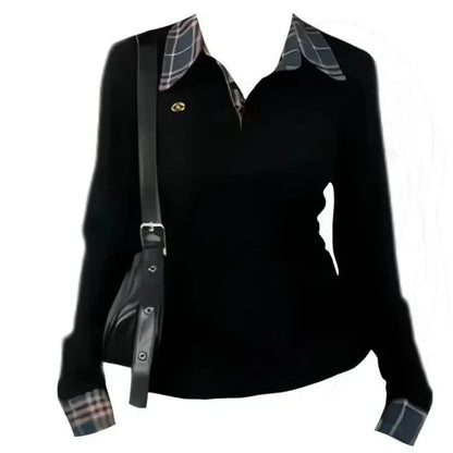 Polo Neck Plaid Patchwork Embroidery T Shirts Spring Autumn Fake Two-piece Slim High Street Tops Fashion Casual Women Clothing