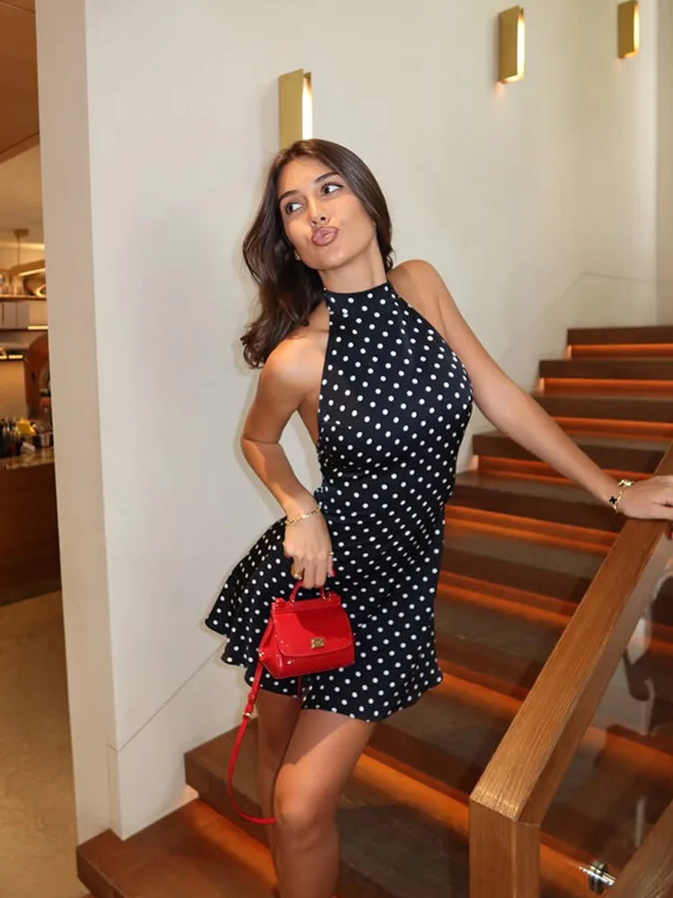 Women;s Halter dot Mini Dress -Backless Sleeveless