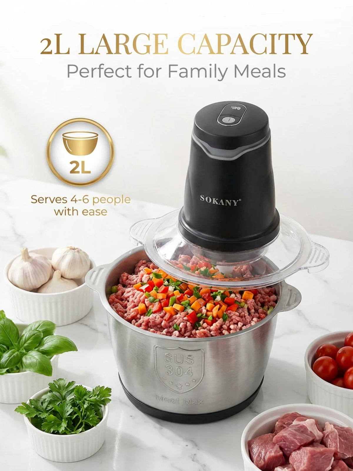 SOKANY7020  400W Electric Meat Grinder 2L 304 Stainless Steel Food Chopper 2‑Speed 4‑Blade Food Processor for Kitchen