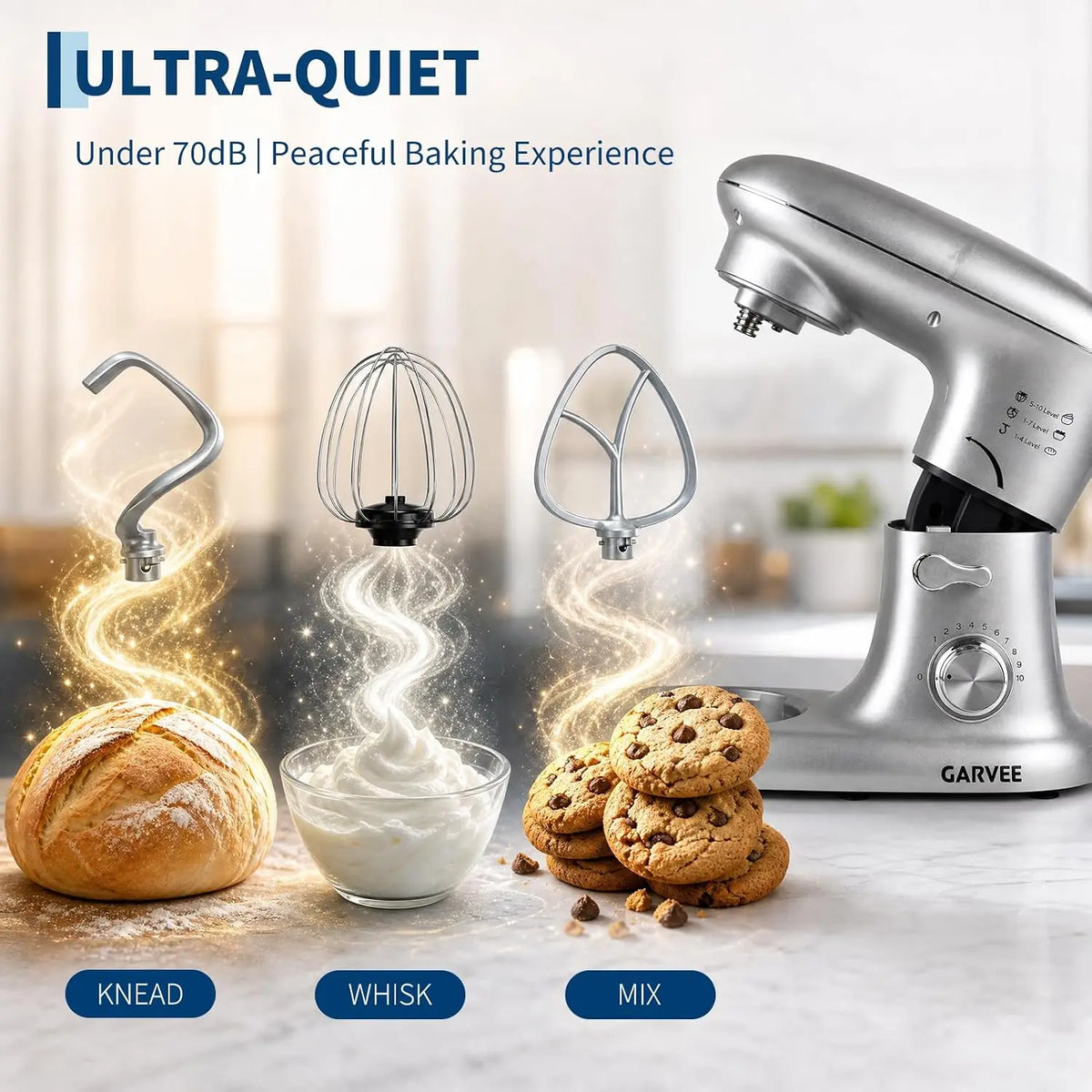Tacleekii 5.3 QT Tilt-Head Stand Mixer, 500W Motor 8 or 10-Speed Electric Kitchen Mixer with Stainless Steel Bowl, Dough Hook, Flat Beater & Wire Whisk for Bread Dough, Cake, Cookies & Pizza, Silver