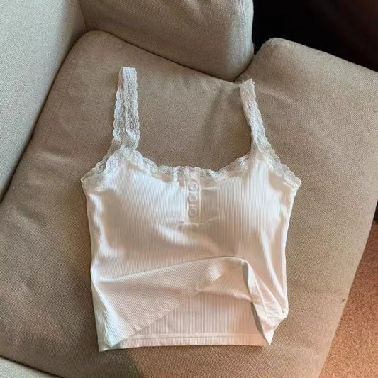 Sexy White Knit Camisole Lace Tank Top Cropped Vest Women's Sleeveless Crop Tops with Chest Pad Y2k Cute Summer Slim Undershirt