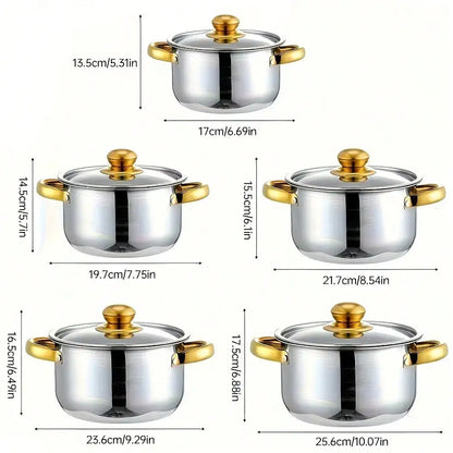 [10pcs Stainless Steel Pot Set] 10pcs Stainless Steel Pot Set, High Quality Stainless Steel, Multi-Size Cooking Pots With 5 POTS + 5 LIDS | Deep Stock Pot, Suitable For Home And Restaurant Cooking, Soups, Hot Pots, Noodles, P