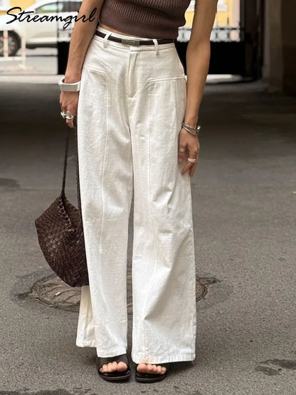 White Cotton Linen Pants Women Wide Leg Formal Trousers Summer Straight Leg Suit Pants High Waist Ladies Formal Pants Loose