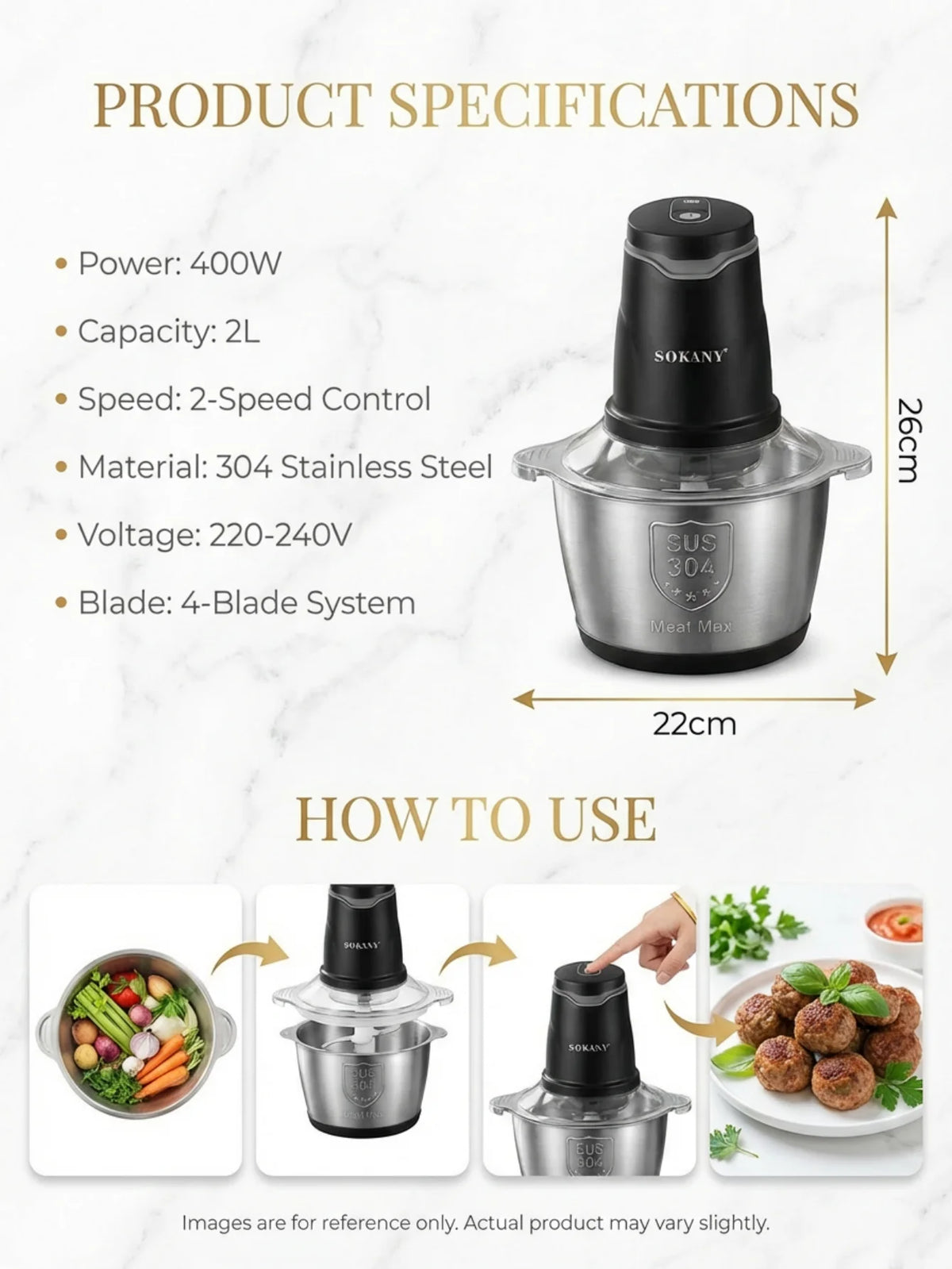SOKANY7020  400W Electric Meat Grinder 2L 304 Stainless Steel Food Chopper 2‑Speed 4‑Blade Food Processor for Kitchen