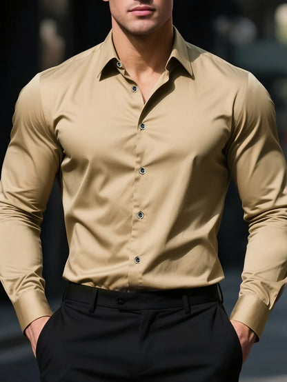 New Men Shirt Elegant Fashion European Long Sleeve Classic Smart Casual Elastic Anti-pilling Male Business Dress Shirts