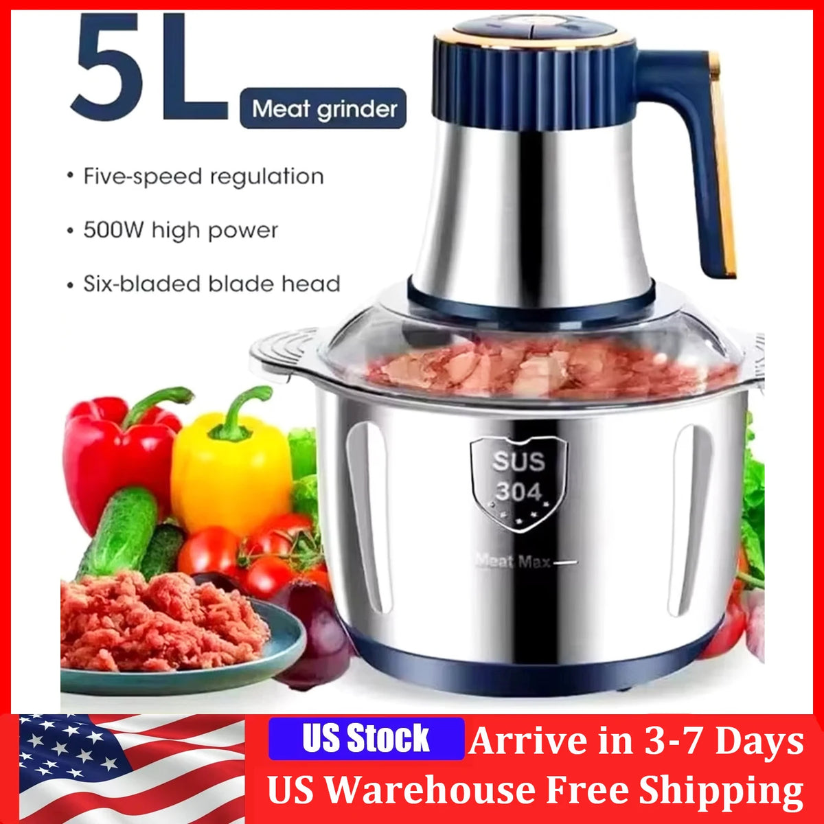 5L Electric Meat Grinders Vegetable Slicer Chopper 304 Stainless Steel Food Processor Mixer Machine New Kitchen Utensils