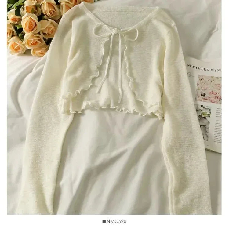 Summer Women Thin Sunscreen Cardigan Lace-up Knitwear Tops Female Korean Style Lantern Sleeve Short Coat Casual Sun Protected