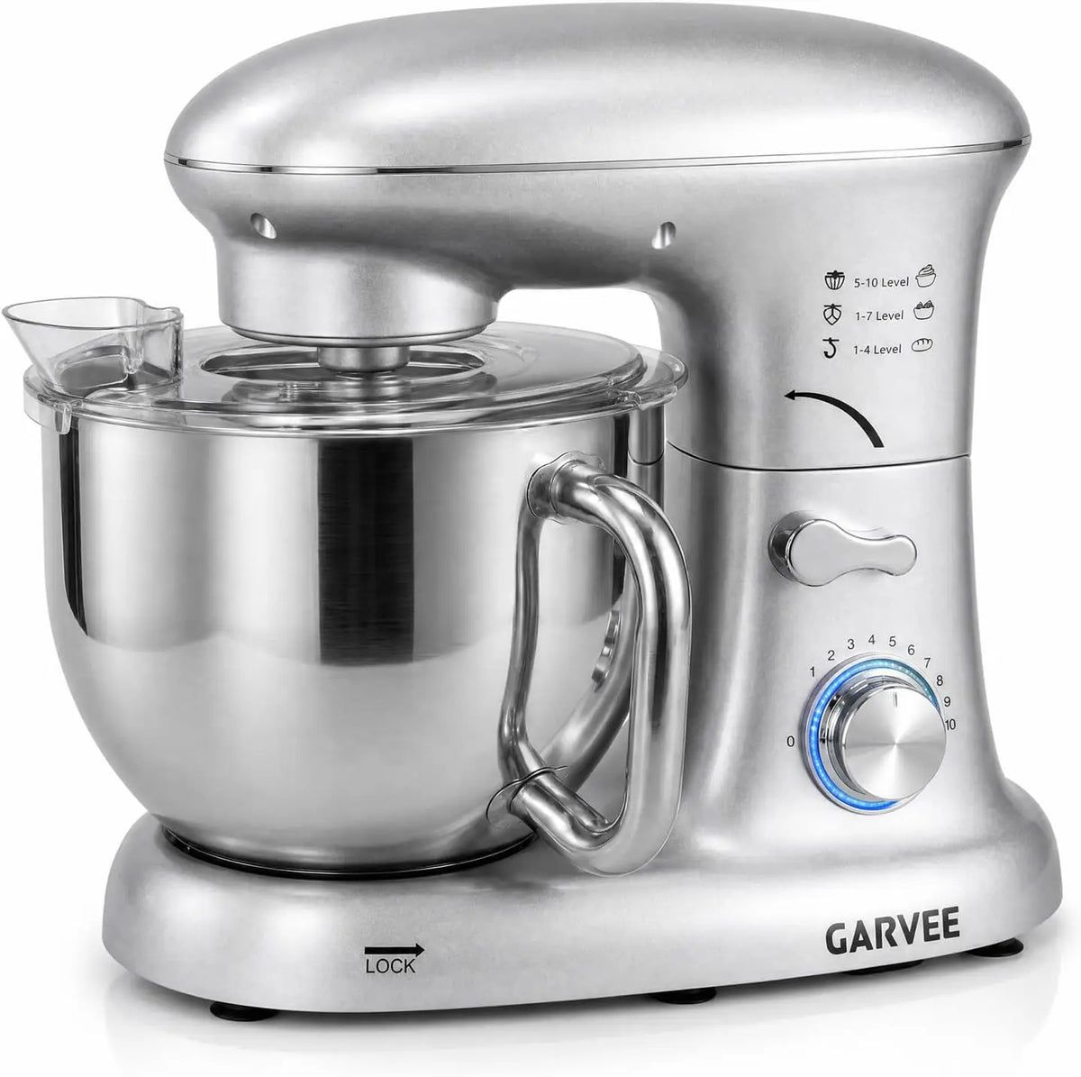 Tacleekii 5.3 QT Tilt-Head Stand Mixer, 500W Motor 8 or 10-Speed Electric Kitchen Mixer with Stainless Steel Bowl, Dough Hook, Flat Beater & Wire Whisk for Bread Dough, Cake, Cookies & Pizza, Silver