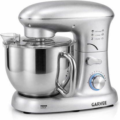 Tacleekii 5.3 QT Tilt-Head Stand Mixer, 500W Motor 8 or 10-Speed Electric Kitchen Mixer with Stainless Steel Bowl, Dough Hook, Flat Beater & Wire Whisk for Bread Dough, Cake, Cookies & Pizza, Silver