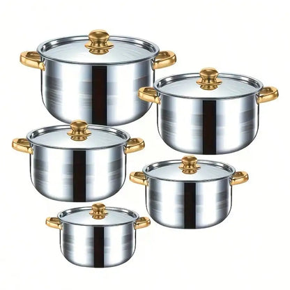 [10pcs Stainless Steel Pot Set] 10pcs Stainless Steel Pot Set, High Quality Stainless Steel, Multi-Size Cooking Pots With 5 POTS + 5 LIDS | Deep Stock Pot, Suitable For Home And Restaurant Cooking, Soups, Hot Pots, Noodles, P