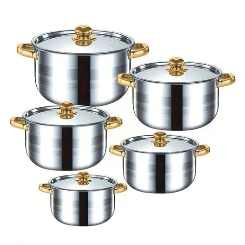 [10pcs Stainless Steel Pot Set] 10pcs Stainless Steel Pot Set, High Quality Stainless Steel, Multi-Size Cooking Pots With 5 POTS + 5 LIDS | Deep Stock Pot, Suitable For Home And Restaurant Cooking, Soups, Hot Pots, Noodles, P
