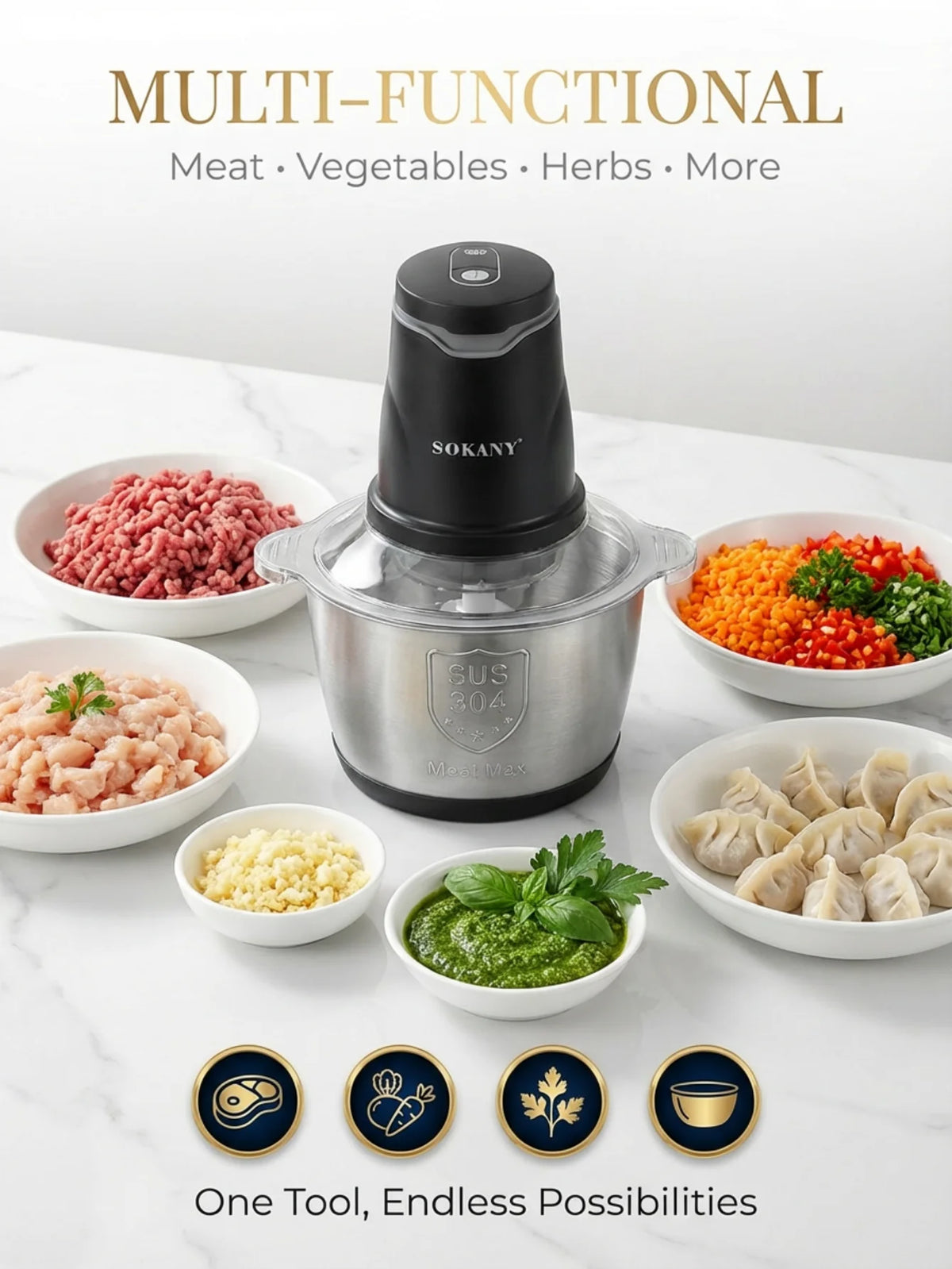 SOKANY7020  400W Electric Meat Grinder 2L 304 Stainless Steel Food Chopper 2‑Speed 4‑Blade Food Processor for Kitchen