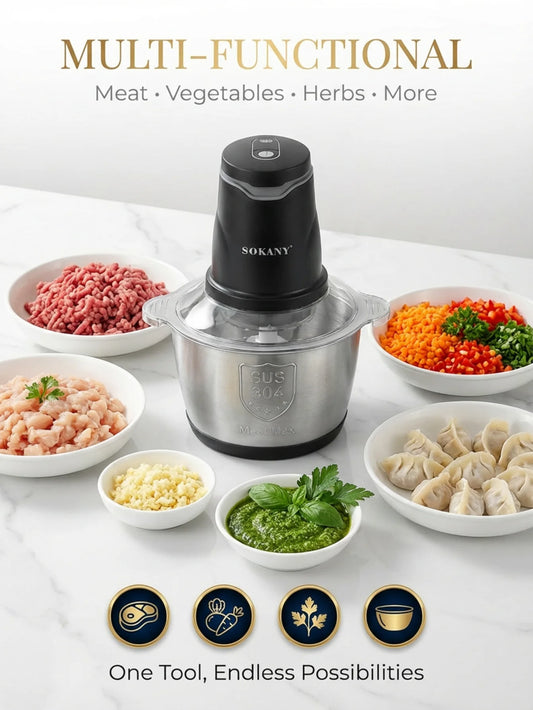 SOKANY7020  400W Electric Meat Grinder 2L 304 Stainless Steel Food Chopper 2‑Speed 4‑Blade Food Processor for Kitchen