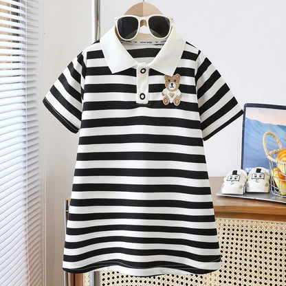 2025 New Children's Dress Girls' Summer Korean Edition Striped Strawberry Lapel Casual Dress 1-10 Years Old