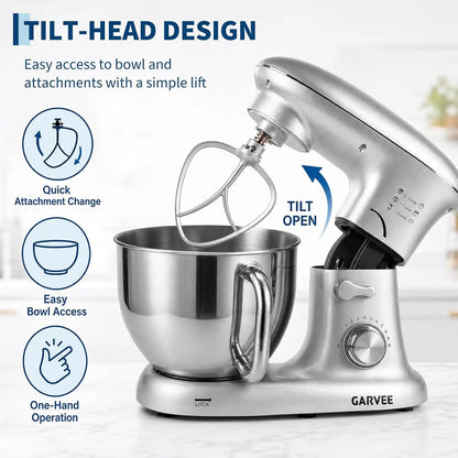 Tacleekii 5.3 QT Tilt-Head Stand Mixer, 500W Motor 8 or 10-Speed Electric Kitchen Mixer with Stainless Steel Bowl, Dough Hook, Flat Beater & Wire Whisk for Bread Dough, Cake, Cookies & Pizza, Silver