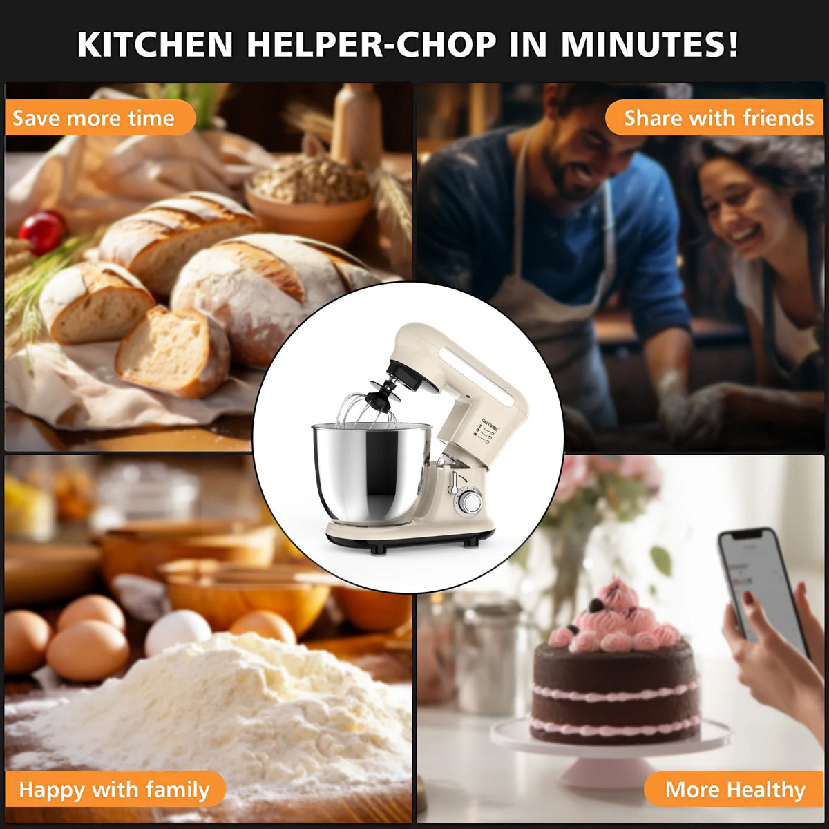 1pc Stand Mixer, Tilt-head Mixers, Kitchen Electric Dough Mixer, For Household Aids, 300W 3.8QT Stainless Steel Bowl, US Plug