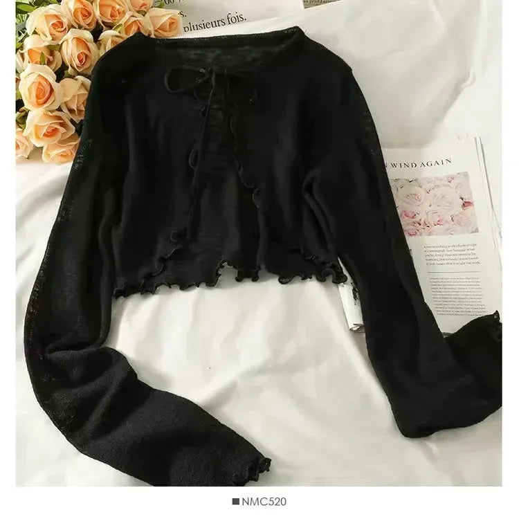 Summer Women Thin Sunscreen Cardigan Lace-up Knitwear Tops Female Korean Style Lantern Sleeve Short Coat Casual Sun Protected