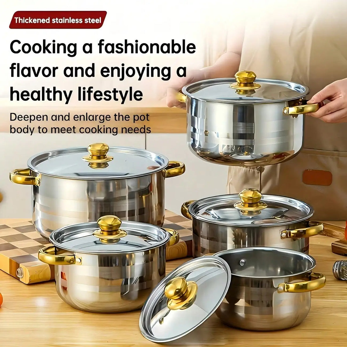 [10pcs Stainless Steel Pot Set] 10pcs Stainless Steel Pot Set, High Quality Stainless Steel, Multi-Size Cooking Pots With 5 POTS + 5 LIDS | Deep Stock Pot, Suitable For Home And Restaurant Cooking, Soups, Hot Pots, Noodles, P