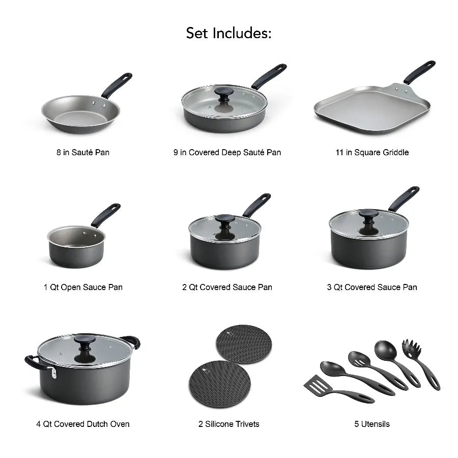 Tramontina Primaware 18-Piece Nonstick Cookware Set, Asphalt