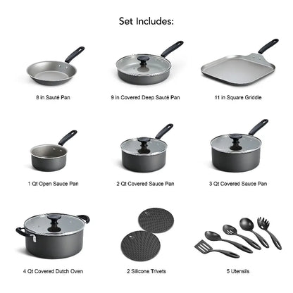 Tramontina Primaware 18-Piece Nonstick Cookware Set, Asphalt