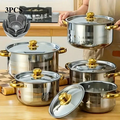 [10pcs Stainless Steel Pot Set] 10pcs Stainless Steel Pot Set, High Quality Stainless Steel, Multi-Size Cooking Pots With 5 POTS + 5 LIDS | Deep Stock Pot, Suitable For Home And Restaurant Cooking, Soups, Hot Pots, Noodles, P