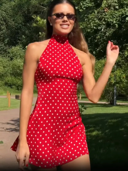 Women;s Halter dot Mini Dress -Backless Sleeveless