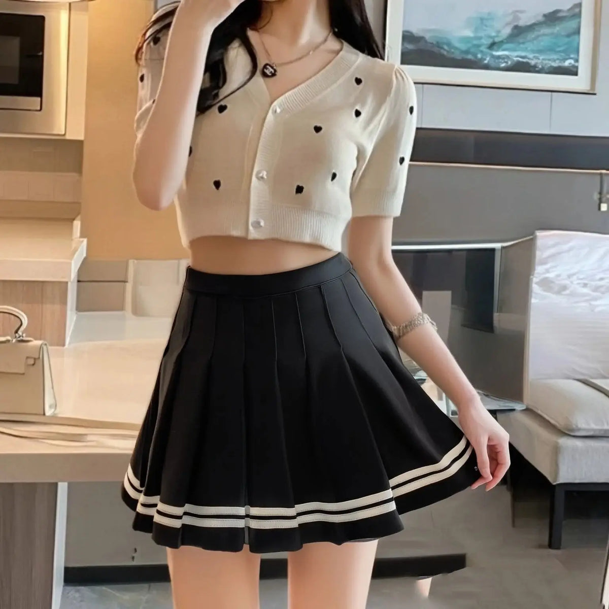 Fashion Preppy Style Pleated Skirts Women 2025 Spring Summer New A Line Short Dress Sweet Girl High Waist Petchwork Skirt Street