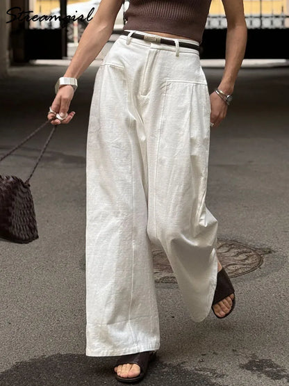 White Cotton Linen Pants Women Wide Leg Formal Trousers Summer Straight Leg Suit Pants High Waist Ladies Formal Pants Loose